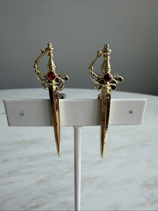 Jewelry - Sword gold Brooches with red rhinestone accents- whimsigoth